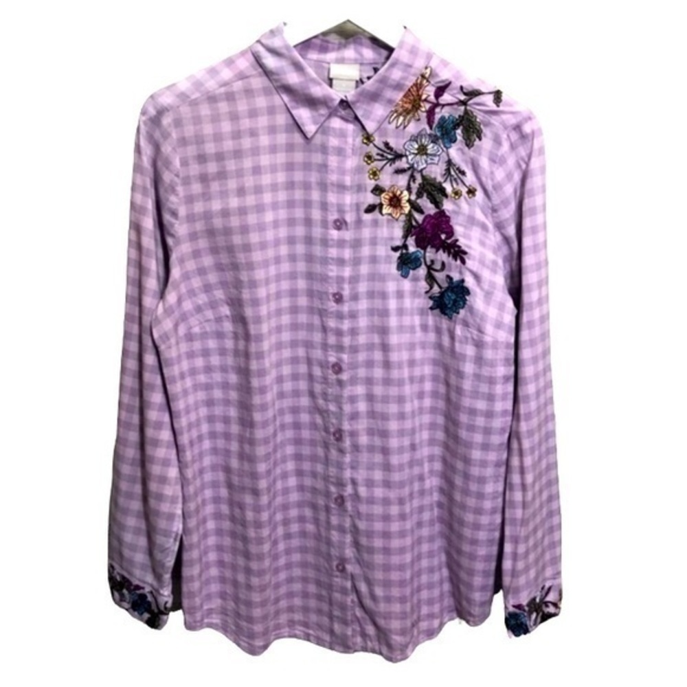 Chico’s Lavender Plaid Floral Embroidered Shabby Chic Button Up Shirt Size 8/10